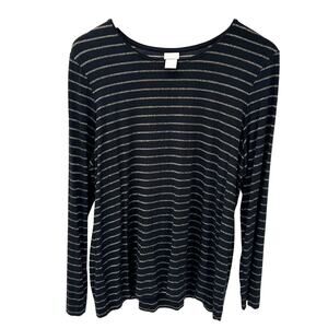 Chico's Shirt Womens Large Black Gold Metallic Stripes Long Sleeves